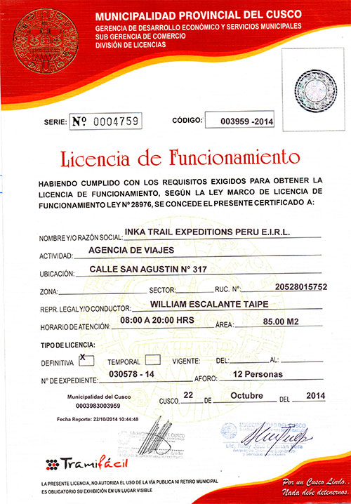 Authorized Operator for INKA TRAIL